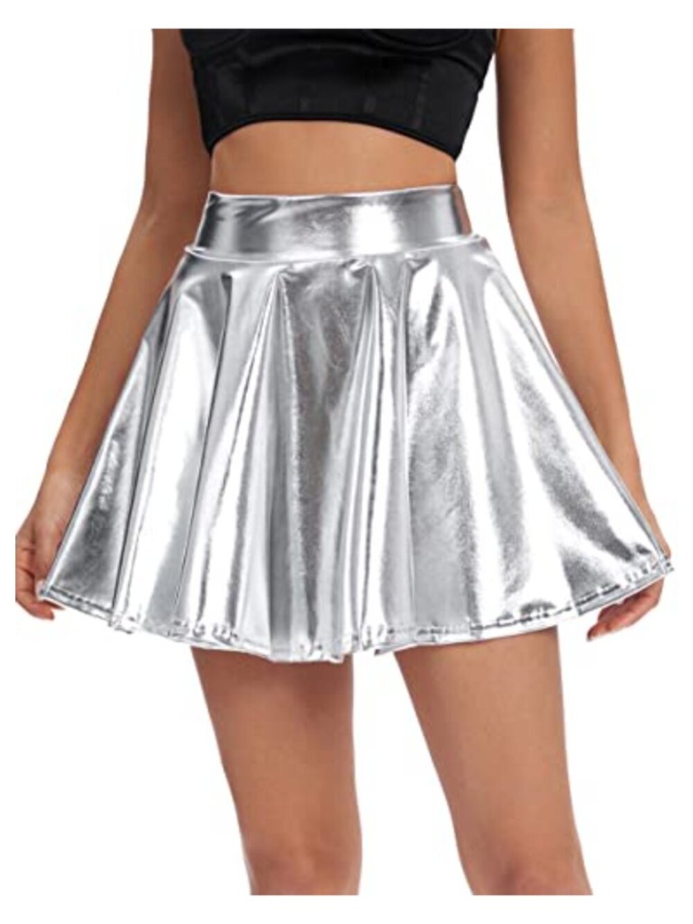 Shiny Flared Pleated Mini Skater Skirt Stretchy High Elastic